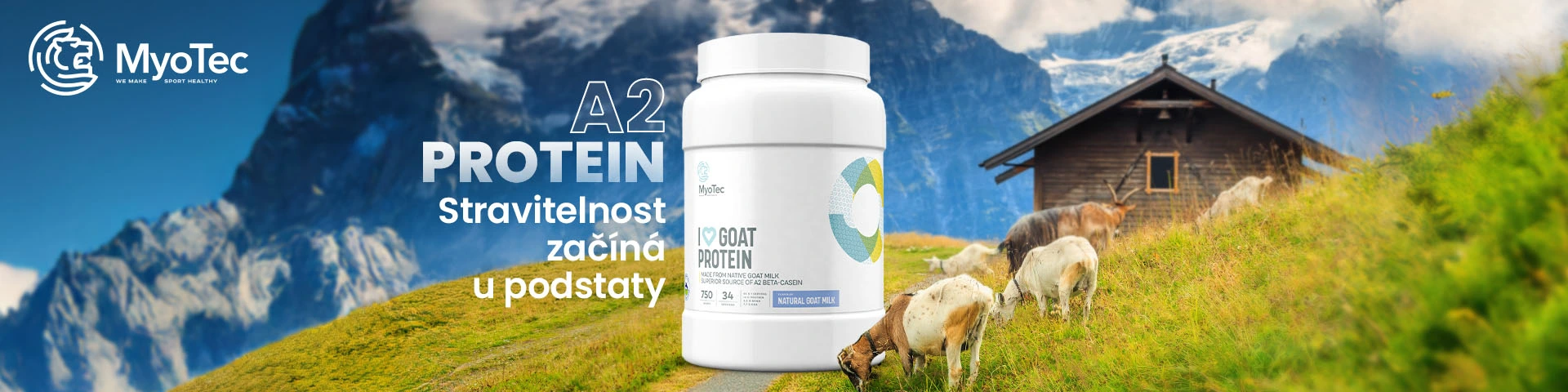 I Love Goat Protein MyoTec - vynikající zdroj A2 proteinu, 100% kozí protein z farmářského kozího mléka, od A po Z vyrobeno v Rakousku. 